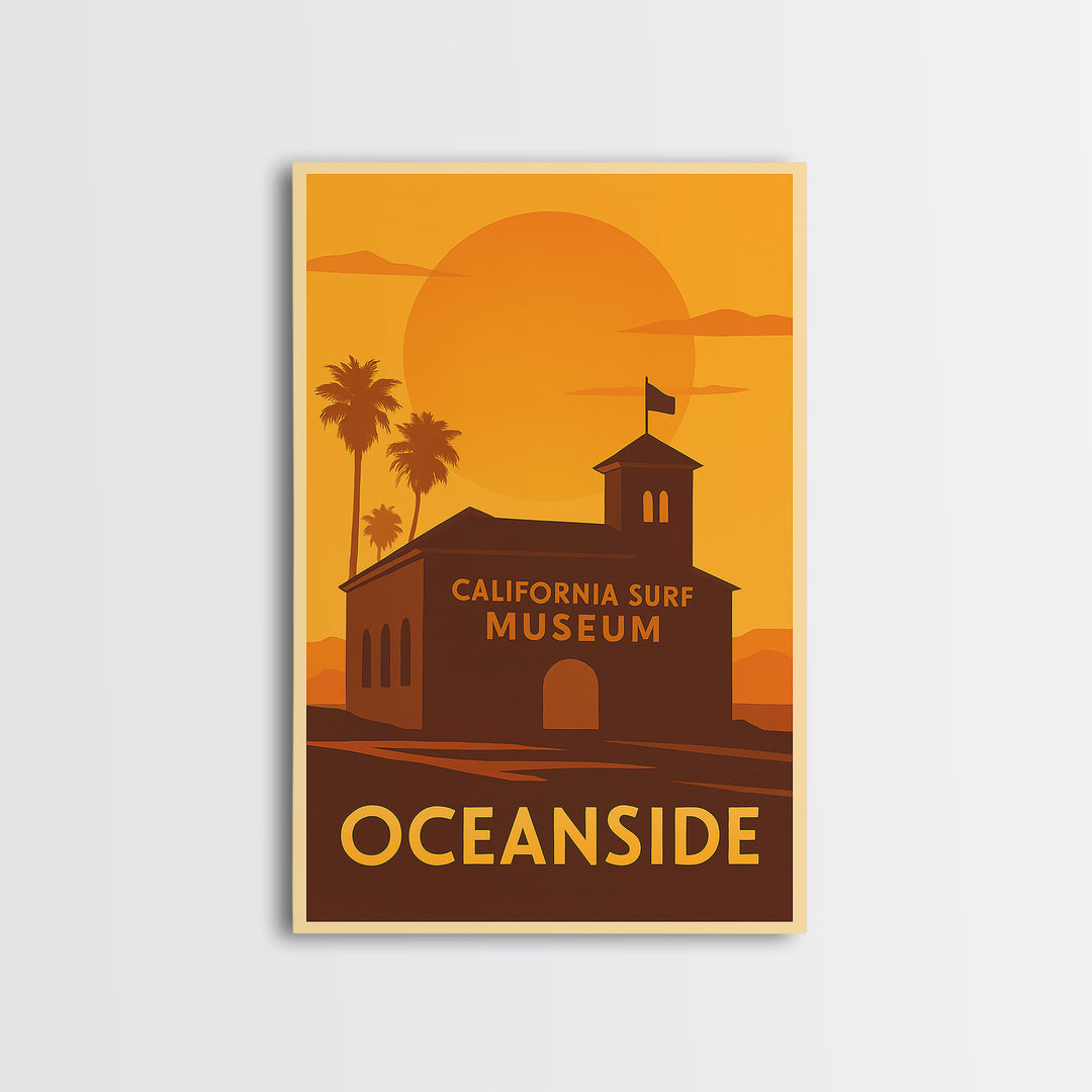 Oceanside Travel Poster, Framed Canvas Print, Warm Sunset Silhouette Art, Oceanside Travel Art, Vintage City Poster, Travel Poster Art