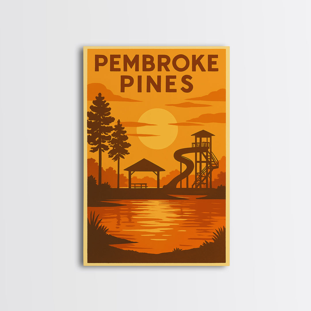 Pembroke Pines Florida Travel Poster, Canvas Print, Warm Sunset Silhouette Art, Pembroke Pines Wall Art, Retro Travel Print, City Poster