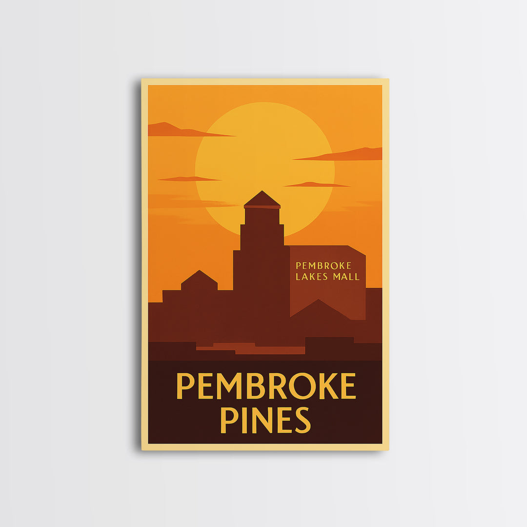 Pembroke Pines Travel Poster, Framed Canvas Print, Warm Sunset Silhouette Art, Pembroke Pines City Art, City Art Print, City Illustration