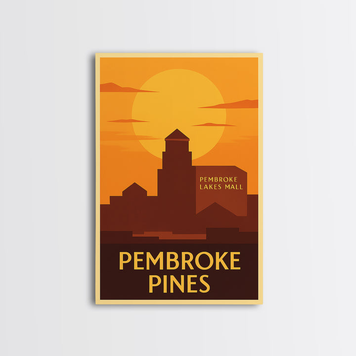 Pembroke Pines Travel Poster, Framed Canvas Print, Warm Sunset Silhouette Art, Pembroke Pines City Art, City Art Print, City Illustration