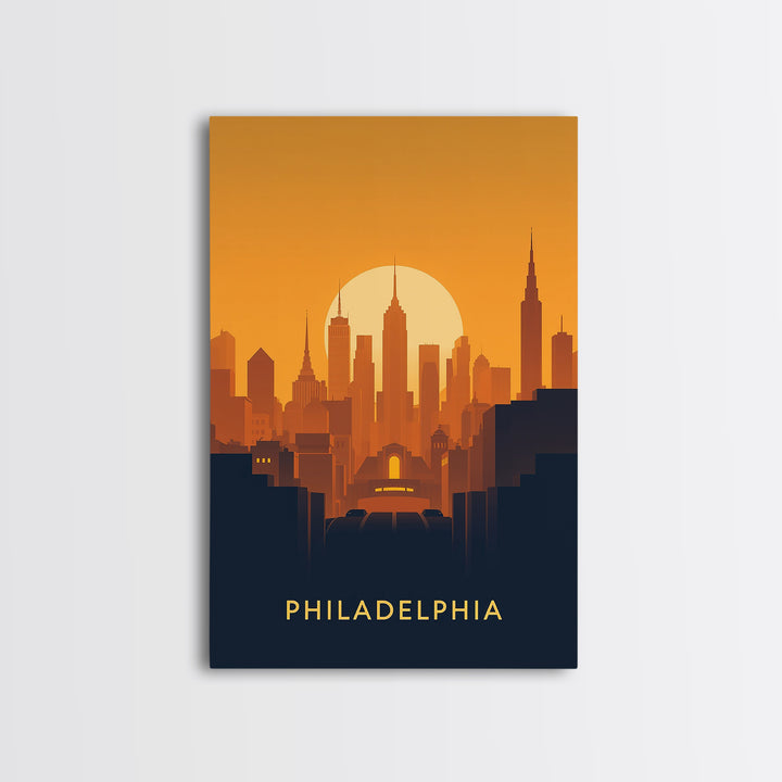 Philadelphia Travel Poster, Framed Canvas Print, Warm Sunset Silhouette Art, Philadelphia Travel Art, Modern Wall Decor, Travel Wall Art