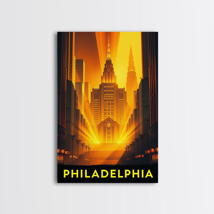 Philadelphia Travel Poster, Framed Canvas Print, Gold Art Deco Poster Art, Philadelphia City Art, Travel Art Print, Vintage City Poster