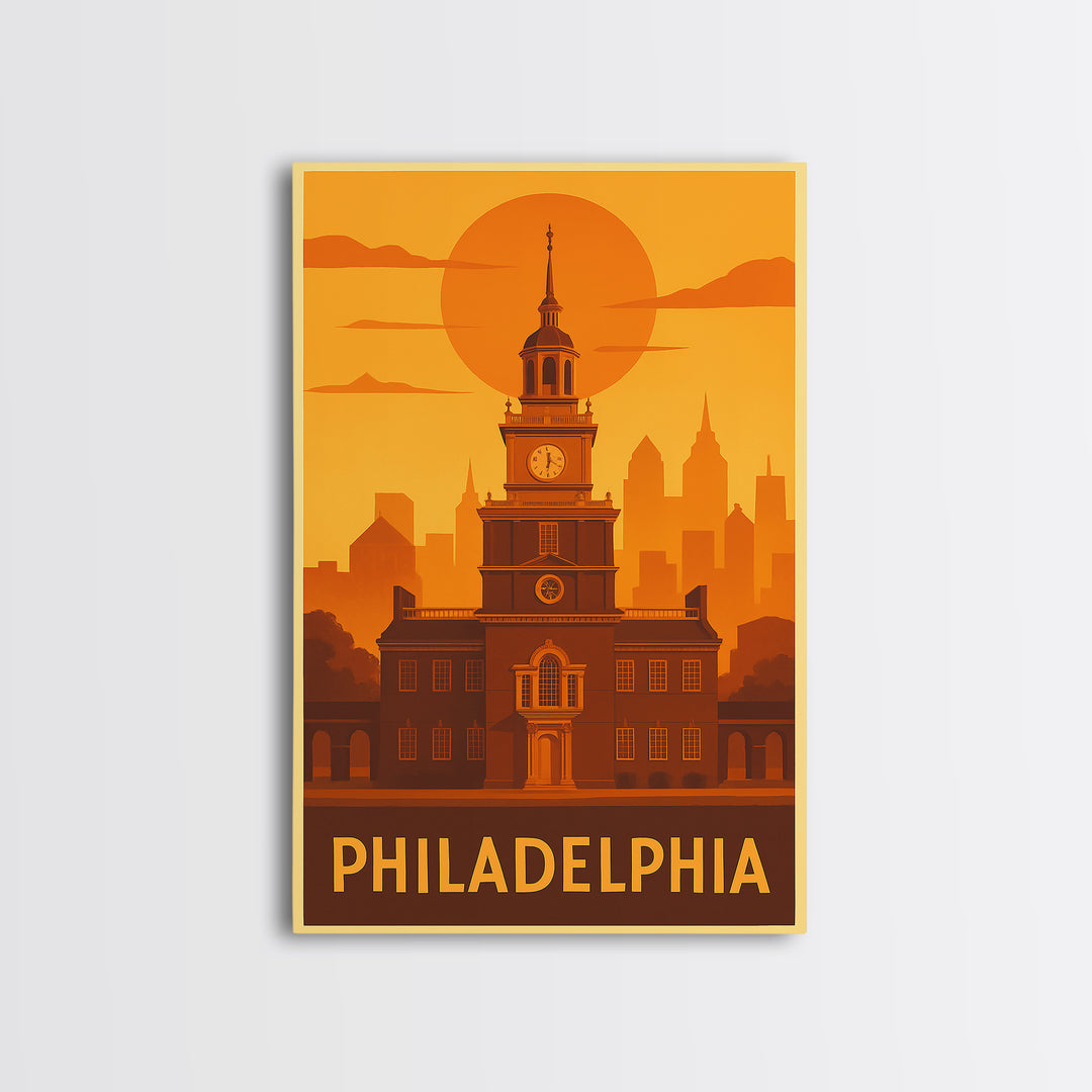Philadelphia Travel Poster, Canvas Print, Warm Sunset Silhouette Art, Philadelphia Travel Art, Travel Art Print, Living Room Wall Art