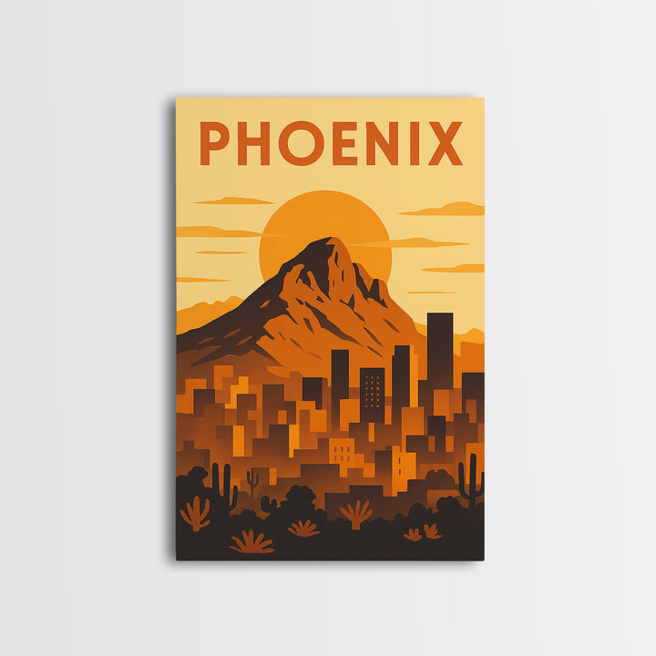 Phoenix Arizona Travel Poster, Framed Canvas Print, Gold Art Deco Poster Art, Phoenix Poster Print, City Travel Prints, Watercolor Skyline
