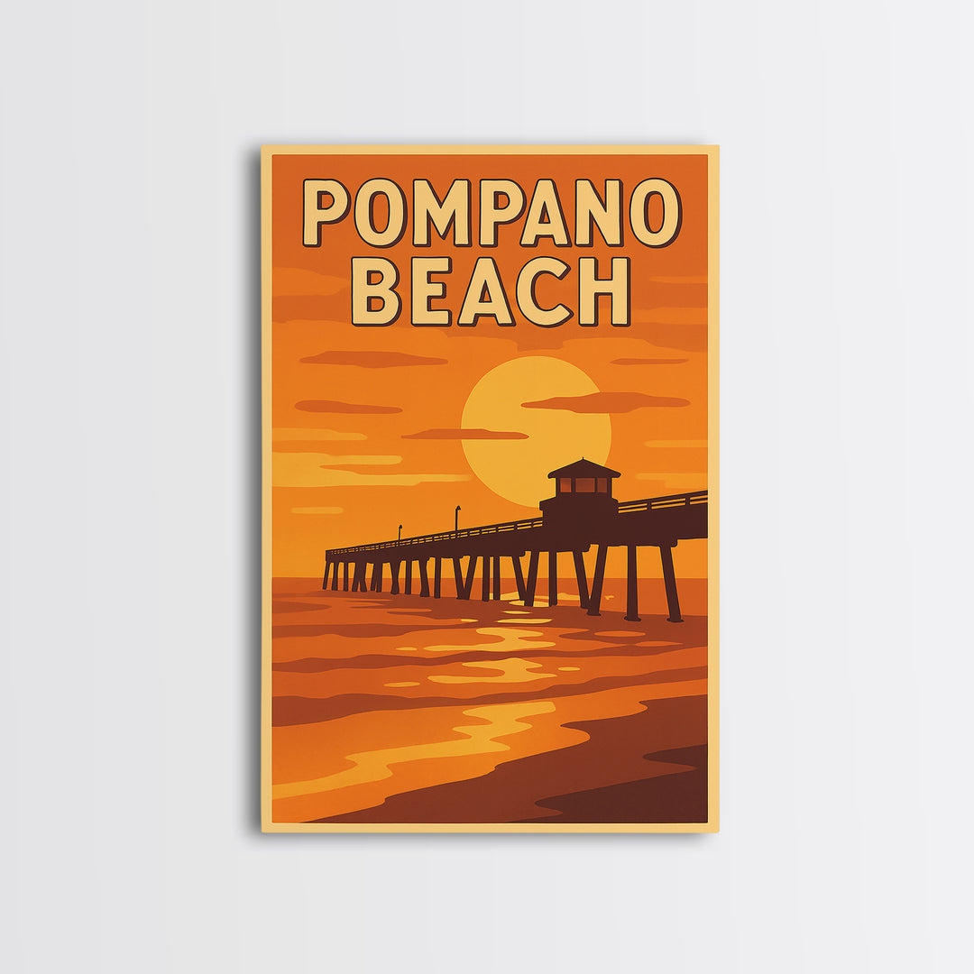 Pompano Beach Florida Travel Poster, Canvas Print, Golden Travel Poster Art, Pompano Beach Wall Art, Travel Poster Set, Vintage City Art