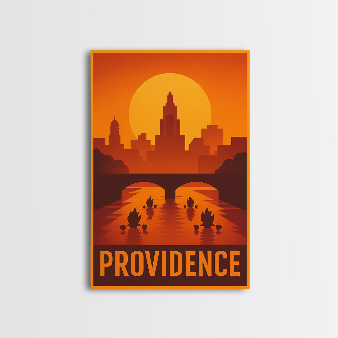 Providence Travel Poster, Framed Canvas Print, Warm Sunset Silhouette Art, Providence City Art, City Art Print, Mid Century Wall Art