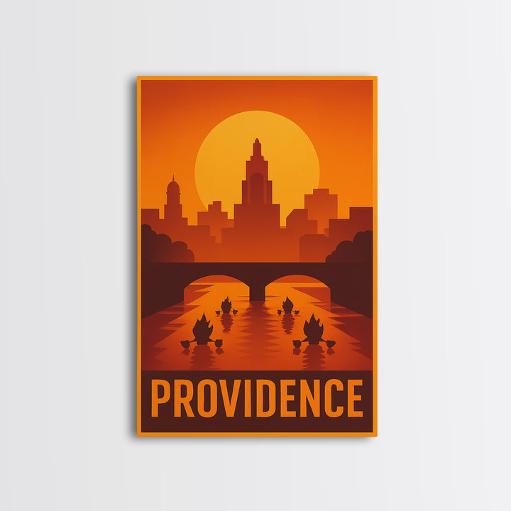 Providence Travel Poster, Framed Canvas Print, Warm Sunset Silhouette Art, Providence City Art, City Art Print, Mid Century Wall Art