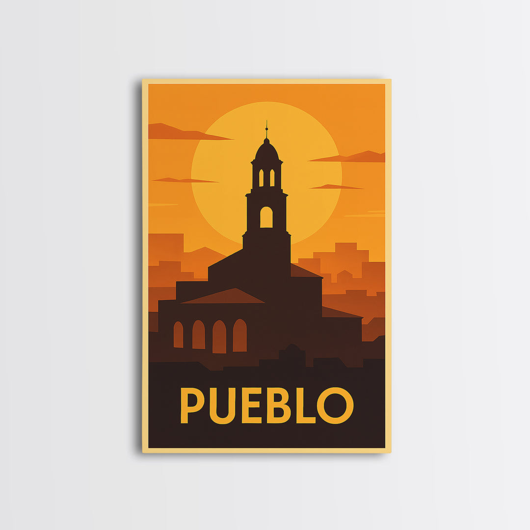 Pueblo Travel Poster, Framed Canvas Print, Gold Art Deco Poster Art, Pueblo City Art, Travel Wall Decor, Home Office Decor, Travel Print
