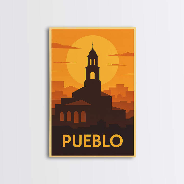 Pueblo Travel Poster, Framed Canvas Print, Gold Art Deco Poster Art, Pueblo City Art, Travel Wall Decor, Home Office Decor, Travel Print