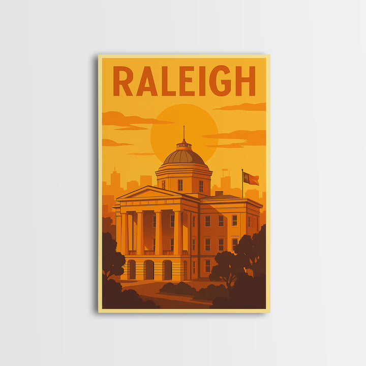Raleigh North Carolina Travel Poster, Canvas Print, Warm Sunset Silhouette Art, Raleigh City Art, Gift For Travelers, Vintage Travel Art