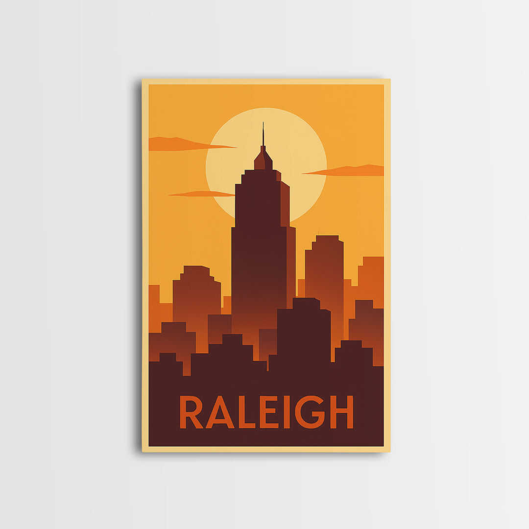 Raleigh Travel Poster, Framed Canvas Print, Golden Travel Poster Art, Raleigh Travel Art, Living Room Wall Art, City Travel Prints