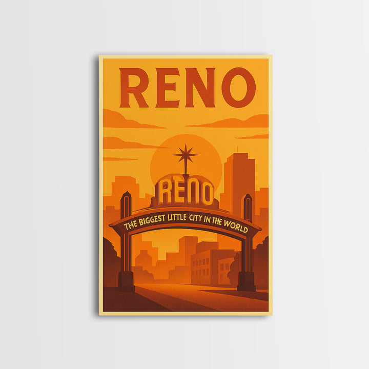 Reno Nevada Travel Poster, Canvas Print, Warm Sunset Silhouette Art, Reno Wall Art, City Art Print, Mid Century Wall Art, City Illustration