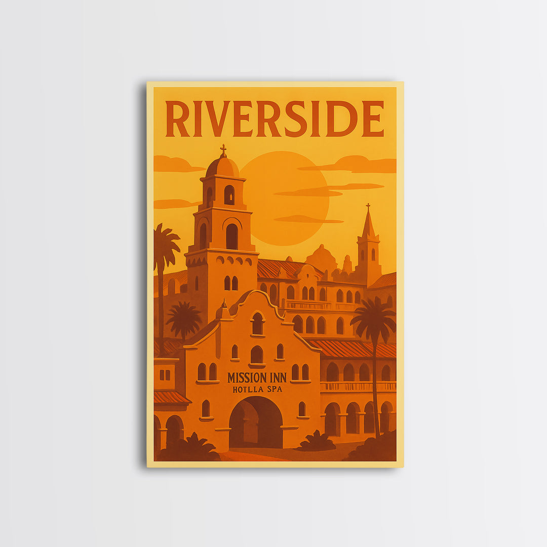 Riverside California Travel Poster, Framed Canvas Print, Golden Travel Poster Art, Riverside City Art, Living Room Wall Art, Travel Wall Art