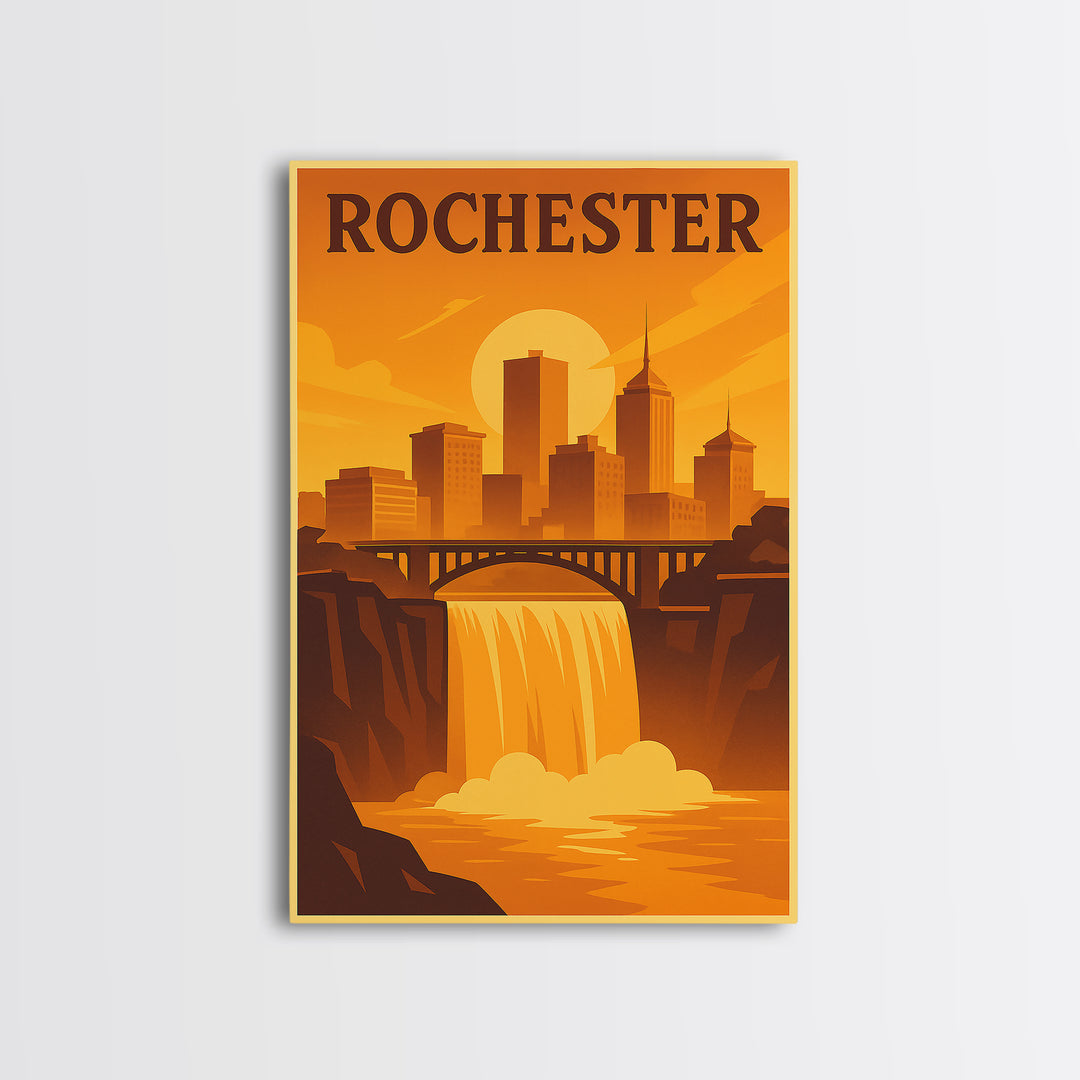 Rochester New York Travel Poster, Canvas Print, Warm Sunset Silhouette Art, Rochester Wall Art, Poster Art, City Illustration, Retro Poster