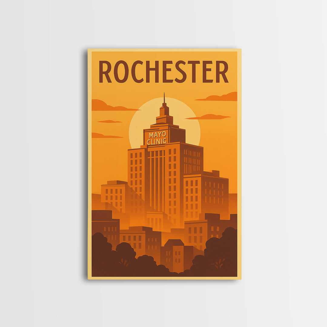 Rochester Travel Poster, Framed Canvas Print, Warm Sunset Silhouette Art, Rochester Art Print, Home Office Decor, Mid Century Wall Art