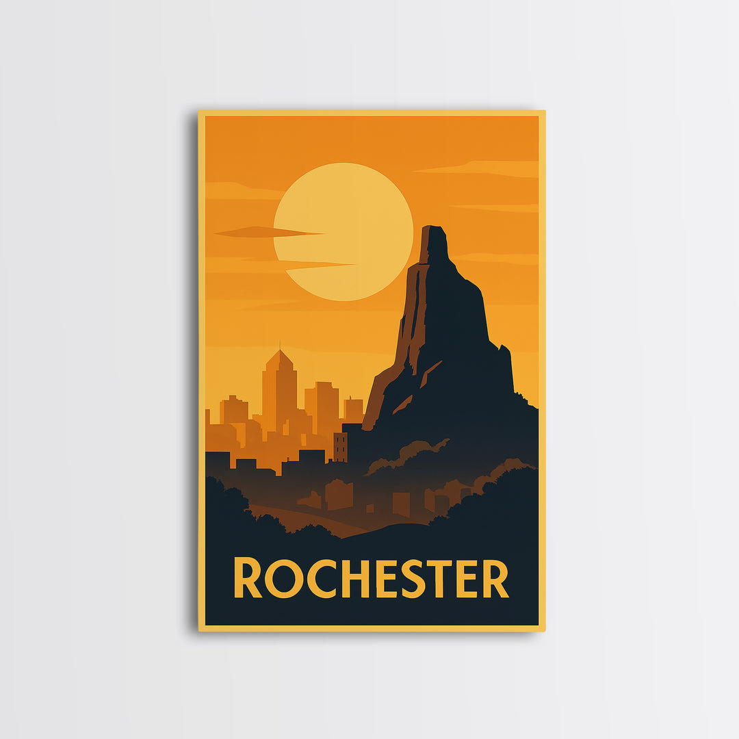 Rochester Travel Poster, Framed Canvas Print, Warm Sunset Silhouette Art, Rochester Travel Art, Living Room Wall Art, Vintage City Poster