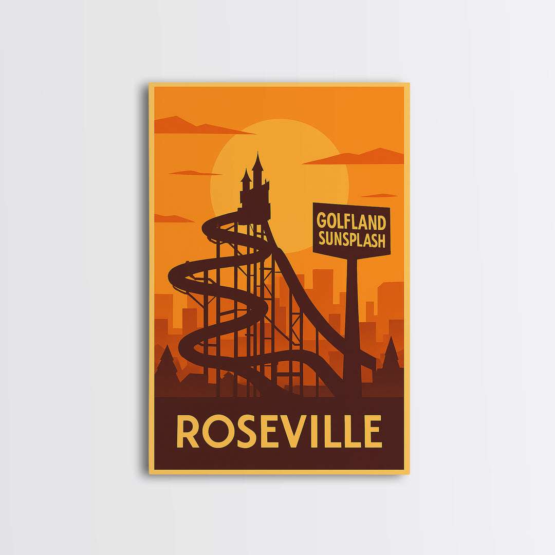 Roseville Travel Poster, Framed Canvas Print, Gold Art Deco Poster Art, Roseville Poster Print, Retro Travel Print, Vintage City Art