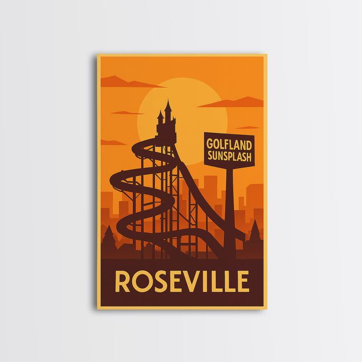 Roseville Travel Poster, Framed Canvas Print, Gold Art Deco Poster Art, Roseville Poster Print, Retro Travel Print, Vintage City Art