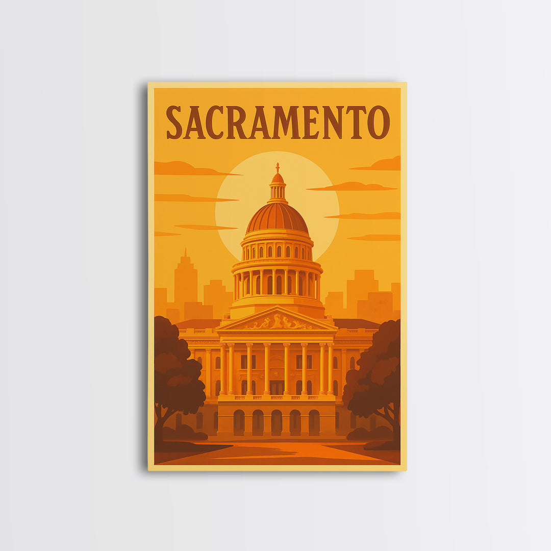 Sacramento California Travel Poster, Canvas Print, Golden Travel Poster Art, Sacramento Travel Art, Wall Art, Watercolor Downtown Skyline