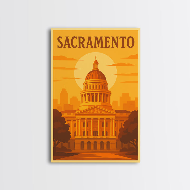 Sacramento California Travel Poster, Canvas Print, Golden Travel Poster Art, Sacramento Travel Art, Wall Art, Watercolor Downtown Skyline