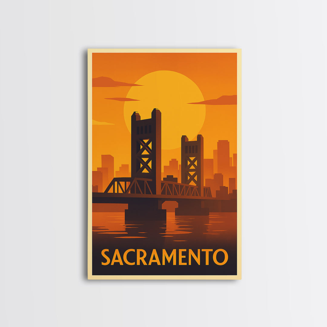 Sacramento Travel Poster, Framed Canvas Print, Warm Sunset Silhouette Art, Sacramento Art Print, City Travel Prints, Fine Art Print