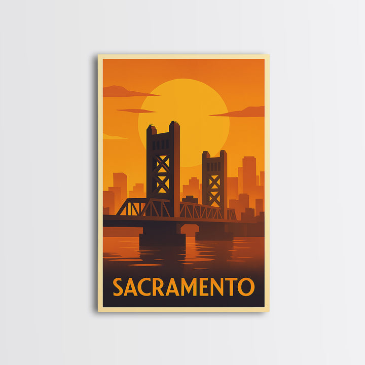 Sacramento Travel Poster, Framed Canvas Print, Warm Sunset Silhouette Art, Sacramento Art Print, City Travel Prints, Fine Art Print