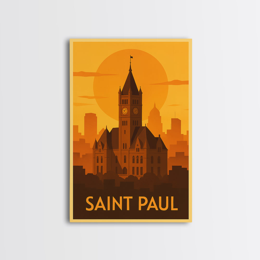 Saint Paul Travel Poster, Framed Canvas Print, Warm Sunset Silhouette Art, Saint Paul City Art, Travel Poster Set, Travel Poster Art