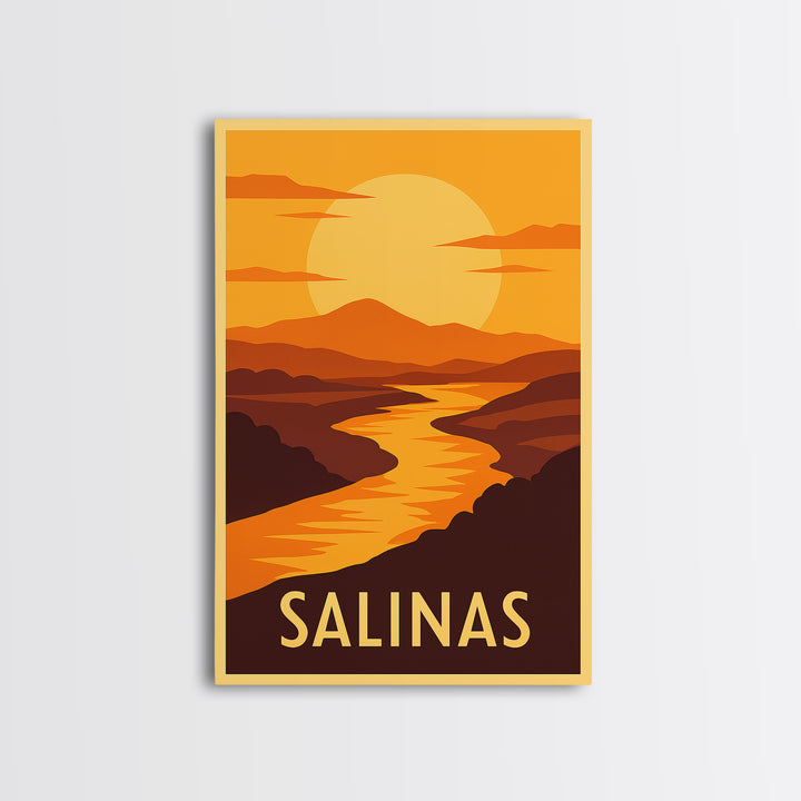 Salinas Travel Poster, Framed Canvas Print, Golden Travel Poster Art, Salinas Poster Print, City Illustration, Vintage City Art