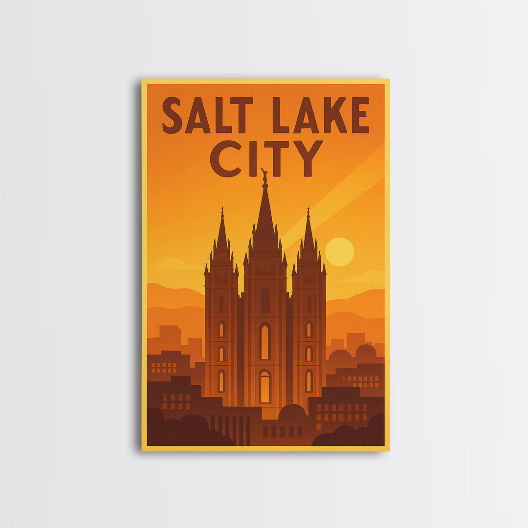 Salt Lake City Utah Travel Poster, Canvas Print, Gold Art Deco Poster Art, Salt Lake City City Art, Wall Decor, Mid Century Wall Art