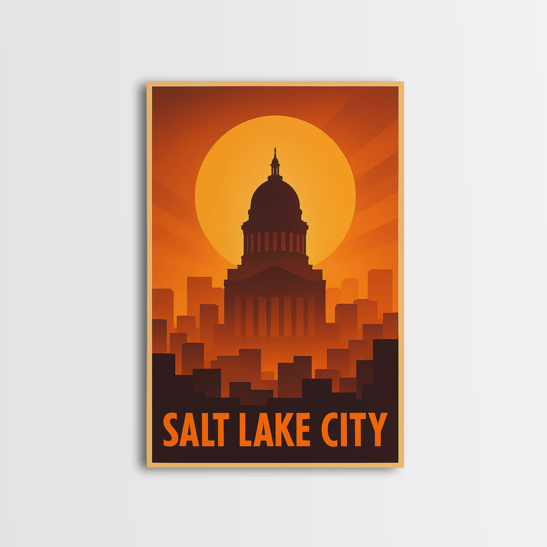 Salt Lake City Travel Poster, Framed Canvas Print, Warm Sunset Silhouette Art, Salt Lake City Travel Art, Home Office Decor, City Poster