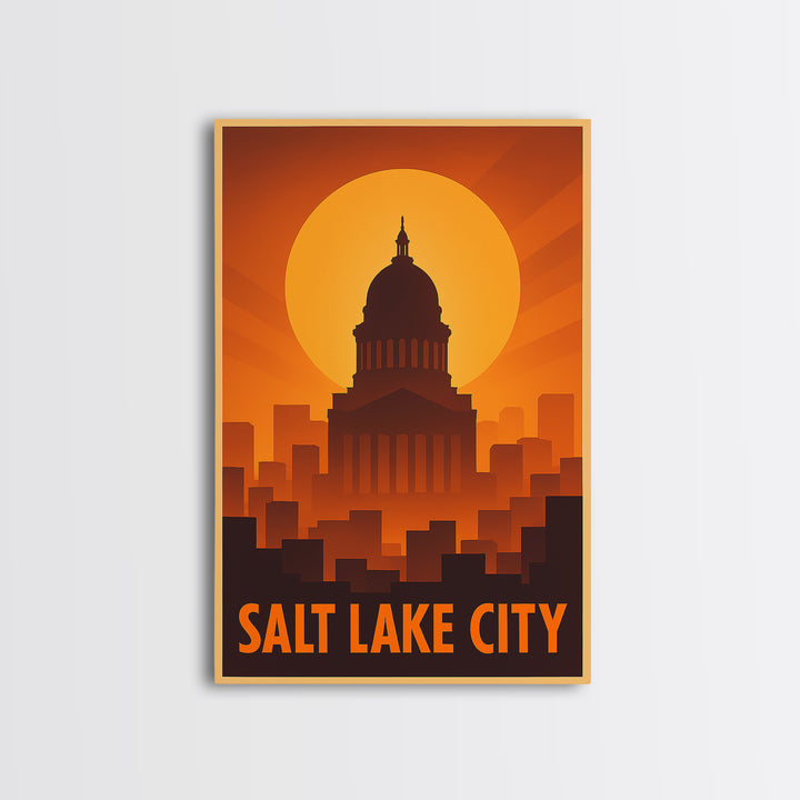 Salt Lake City Travel Poster, Framed Canvas Print, Warm Sunset Silhouette Art, Salt Lake City Travel Art, Home Office Decor, City Poster