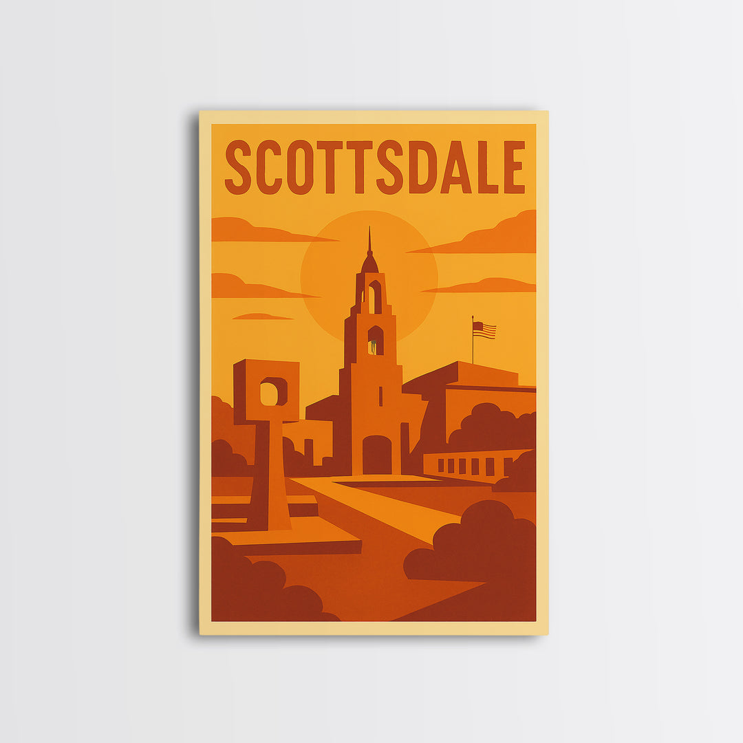 Scottsdale Arizona Travel Poster, Canvas Print, Warm Sunset Silhouette Art, Scottsdale Art Print, Mid Century Wall Art, Vintage Travel Print