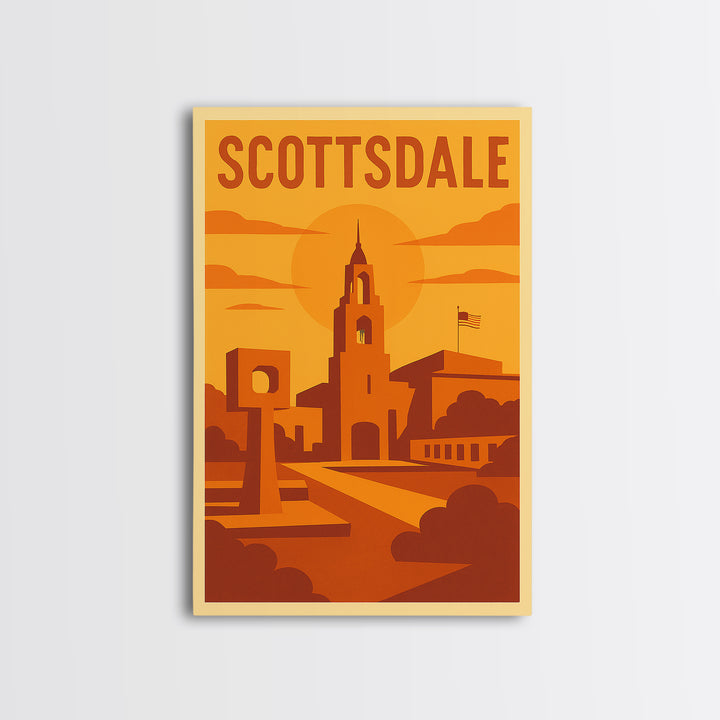 Scottsdale Arizona Travel Poster, Canvas Print, Warm Sunset Silhouette Art, Scottsdale Art Print, Mid Century Wall Art, Vintage Travel Print