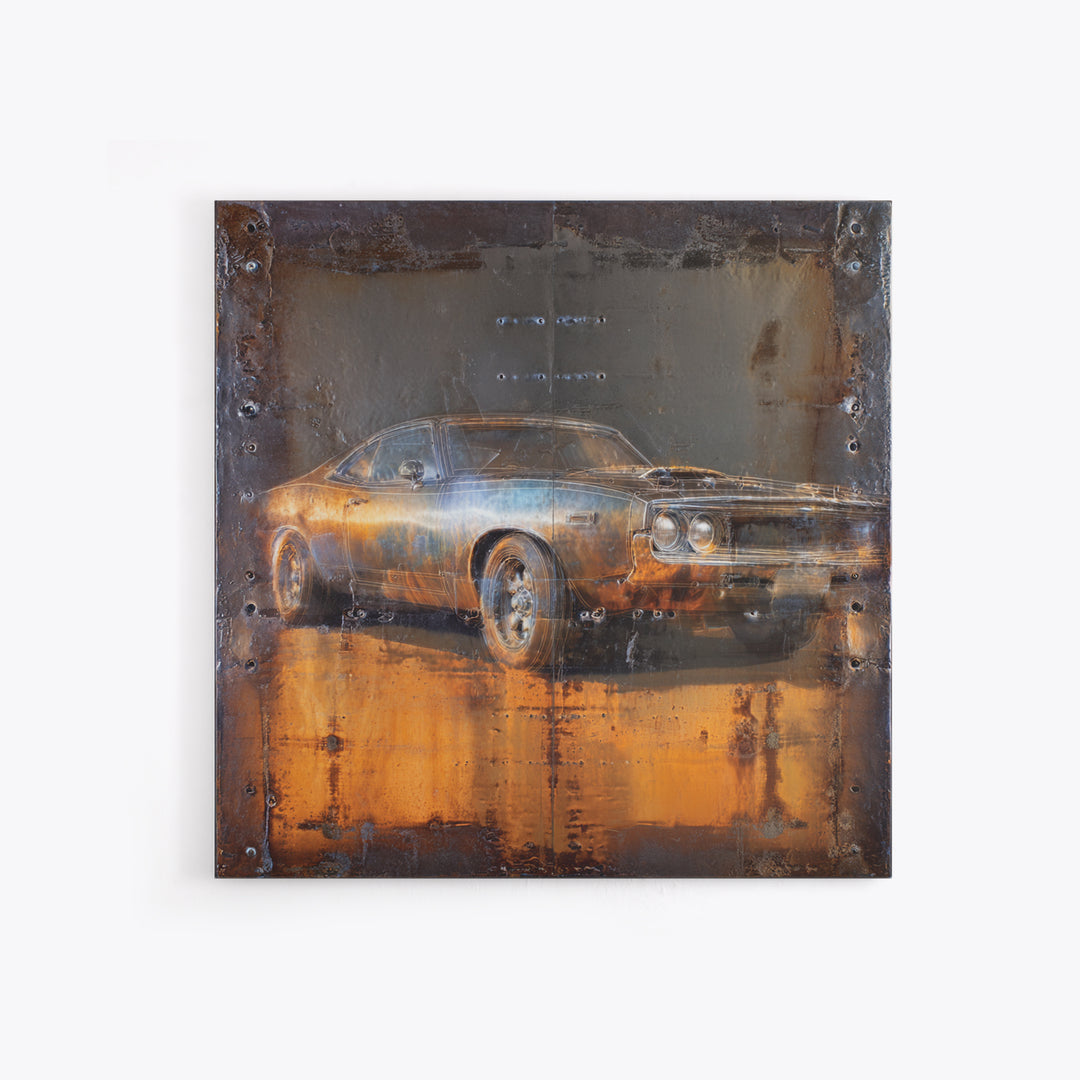Desert Highway with Muscle Car Silhouette Framed Canvas Print, Garage Art, Garage Decor, Oil Painting, Motor, Art Print, GAR-1x1-21