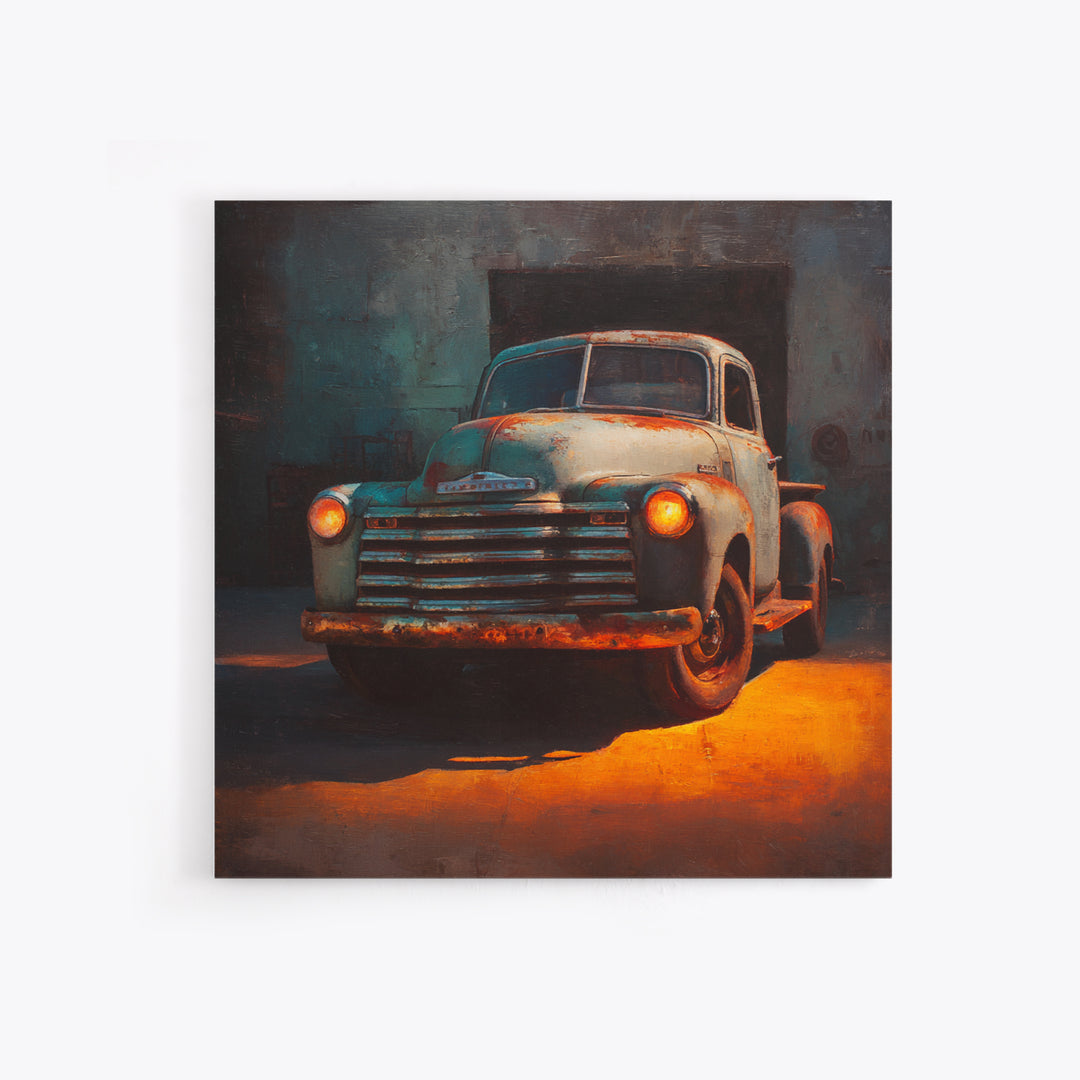 Pickup Truck in Dusty Sunset Light Framed Canvas Print, Garage Art, Tattoo Art, Garage Decor, Oil Painting, Motor, GAR-1x1-37