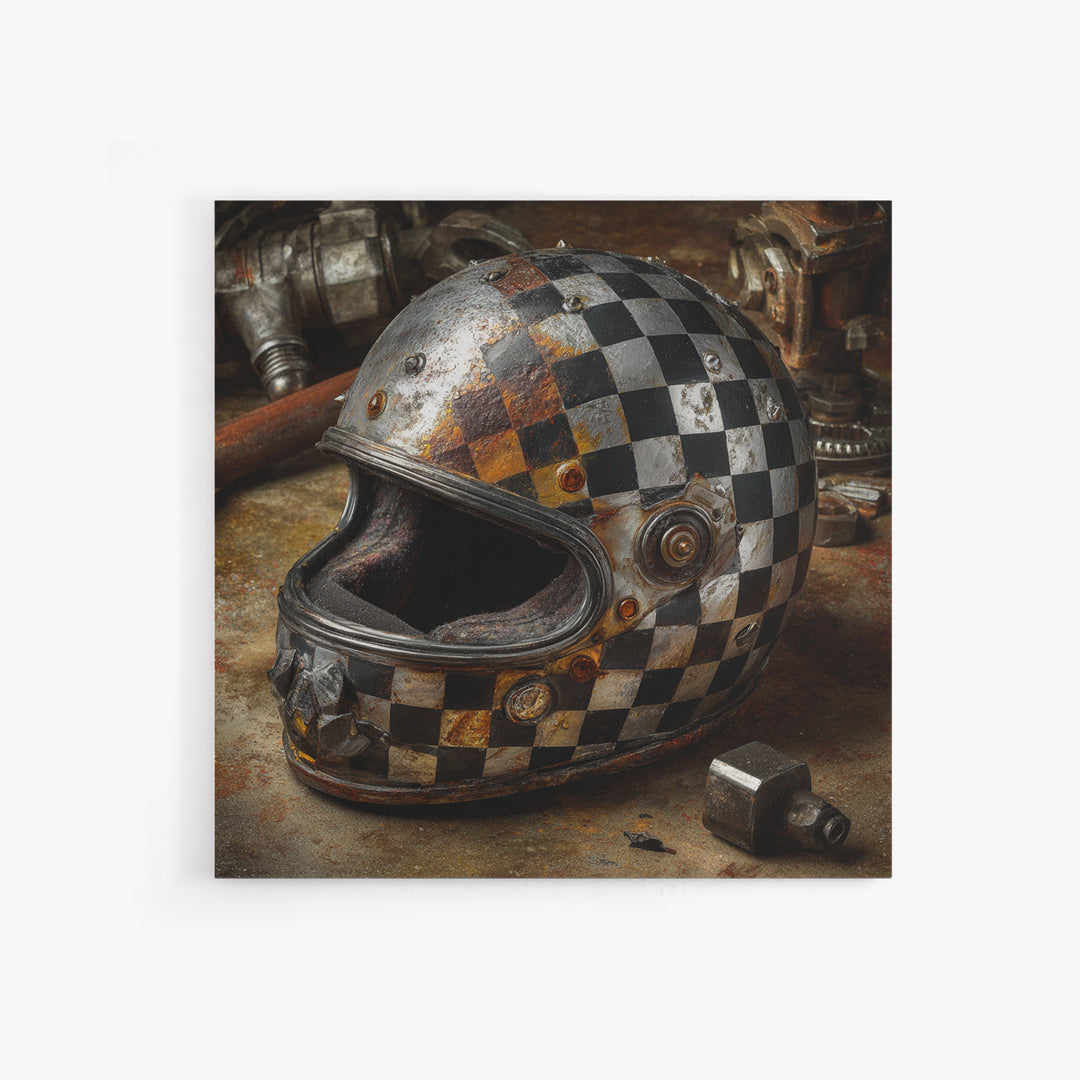Racing Helmet with Checkered Flag Pattern Framed Canvas Print, Garage Art, Garage Art Pinup, Garage Decor, Fine Art, Motor, GAR-1x1-68