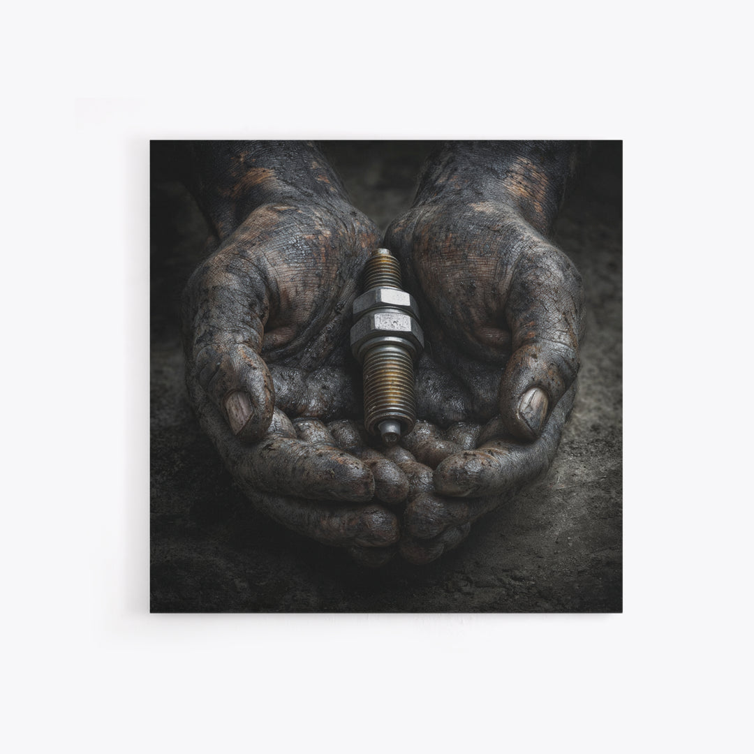 Mechanic Hands Holding a Spark Plug Framed Canvas Print, Garage Art, Gallery Decor, Garage Decor, Fine Art, Motor, GAR-1x1-78