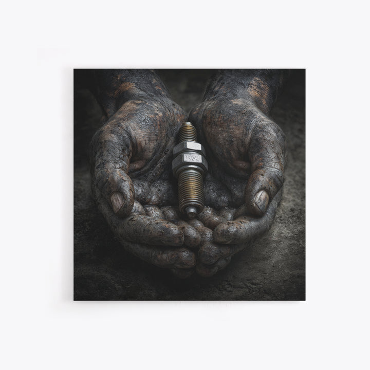 Mechanic Hands Holding a Spark Plug Framed Canvas Print, Garage Art, Gallery Decor, Garage Decor, Fine Art, Motor, GAR-1x1-78