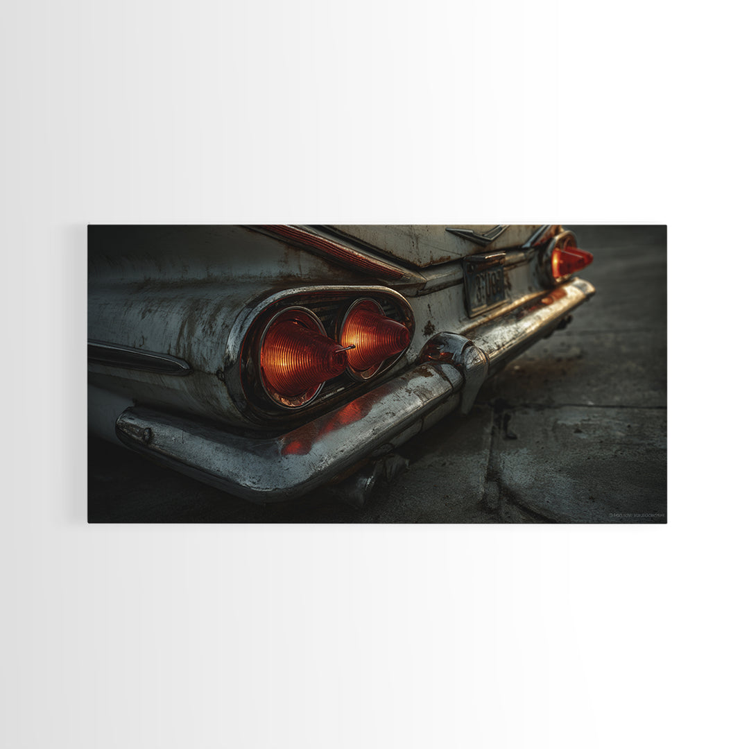 Classic Car Tail Lights Glowing at Dusk Framed Canvas Print, Garage Art, Art Print, Garage Decor, Motor, Canvas Wall Art, GAR-2x1-12