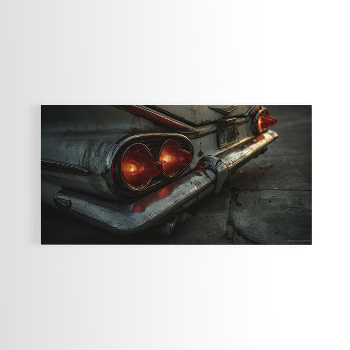 Classic Car Tail Lights Glowing at Dusk Framed Canvas Print, Garage Art, Art Print, Garage Decor, Motor, Canvas Wall Art, GAR-2x1-12