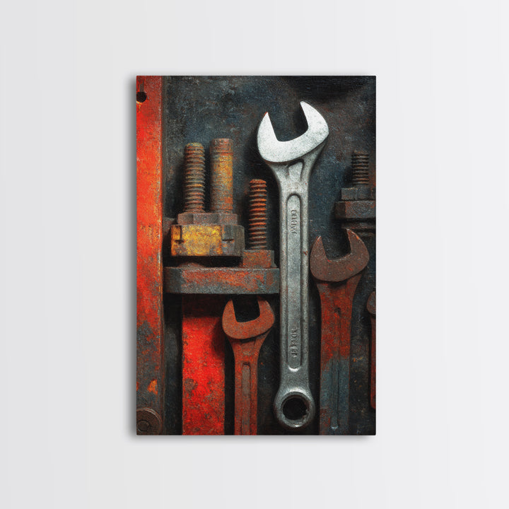 Wrench and Bolts Arranged Like Old Master Framed Canvas Print, Garage Art, Boho Decor, Garage Decor, Abstract Art, Motor, GAR-2x3-2