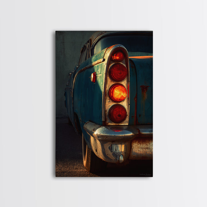 Classic Car Tail Lights Glowing at Dusk Framed Canvas Print, Garage Art, Automotive Decor, Garage Decor, Fine Art, Motor, GAR-2x3-24