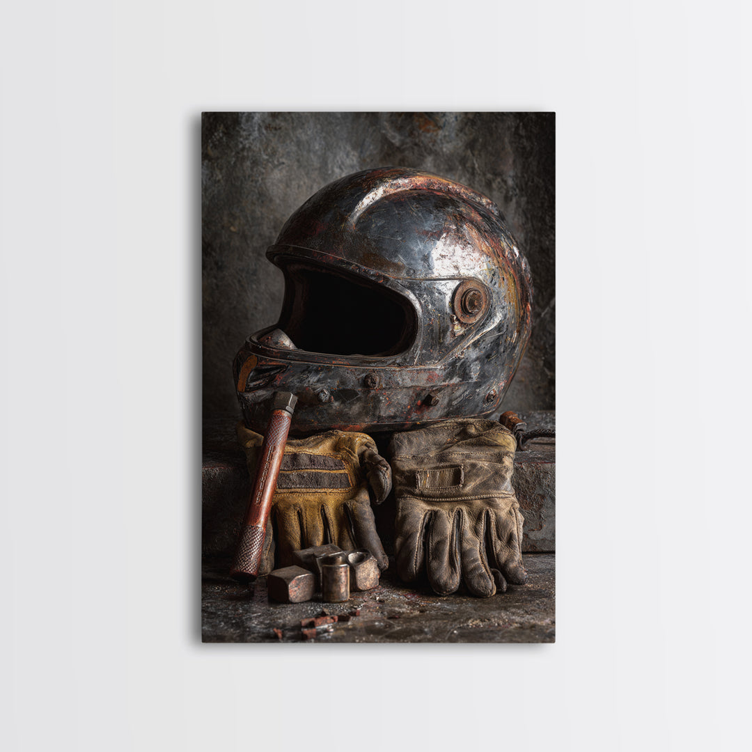 Motorcycle Helmet and Leather Gloves Still Life Framed Canvas Print, Garage Art, Decor, Garage Decor, Abstract Art, Motor, GAR-2x3-41