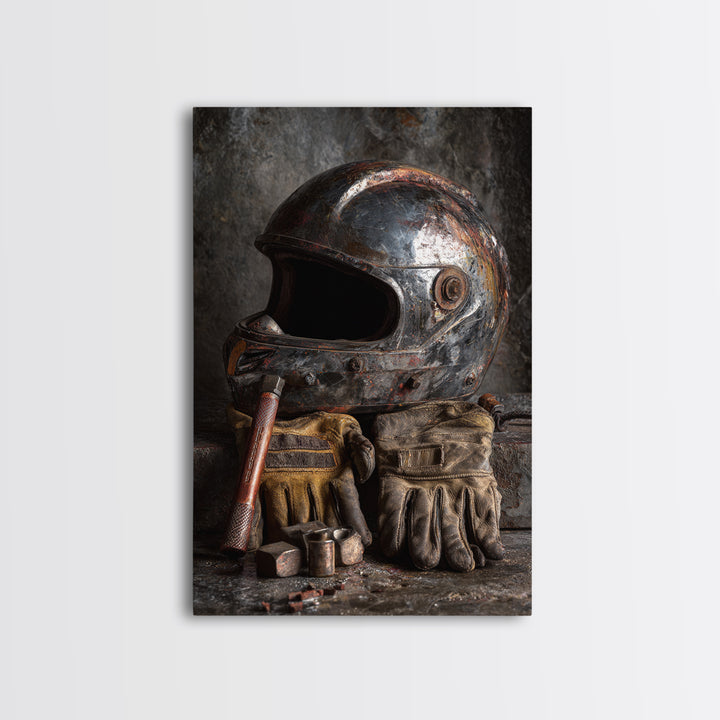 Motorcycle Helmet and Leather Gloves Still Life Framed Canvas Print, Garage Art, Decor, Garage Decor, Abstract Art, Motor, GAR-2x3-41