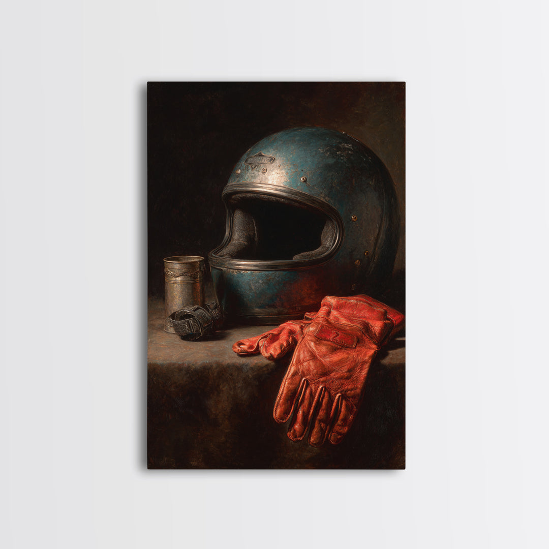 Motorcycle Helmet and Leather Gloves Still Life Canvas Print, Garage Art, Canvas Print, Garage Decor, Fine Art, Motor, GAR-2x3-65