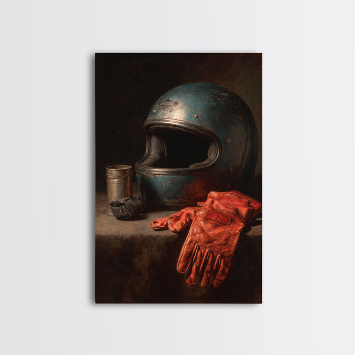 Motorcycle Helmet and Leather Gloves Still Life Canvas Print, Garage Art, Canvas Print, Garage Decor, Fine Art, Motor, GAR-2x3-65