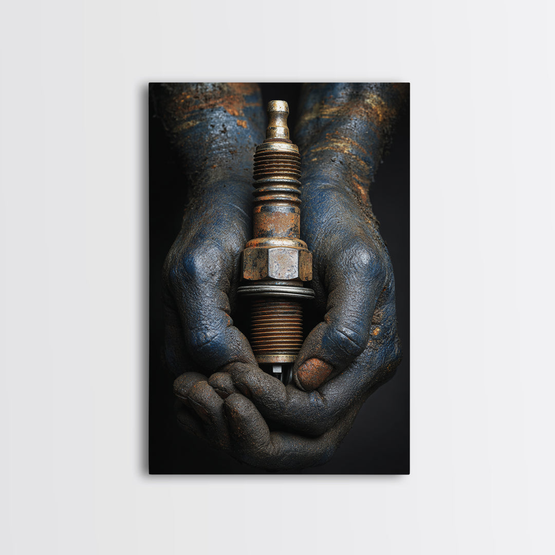 Mechanic Hands Holding a Spark Plug Canvas Print, Garage Art, Garage Decor, Abstract Art, Motor, Game Room Decor, GAR-2x3-86