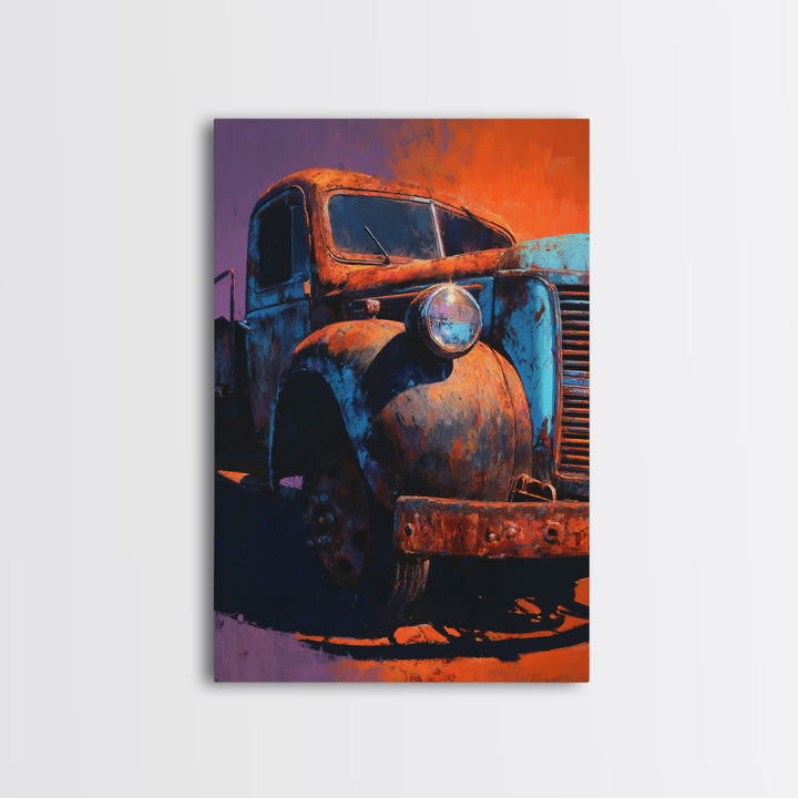 Pickup Truck in Dusty Sunset Light Framed Canvas Print, Garage Art, Metal Art, Garage Decor, Motor, Garage Art Poster Download, GAR-2x3-93