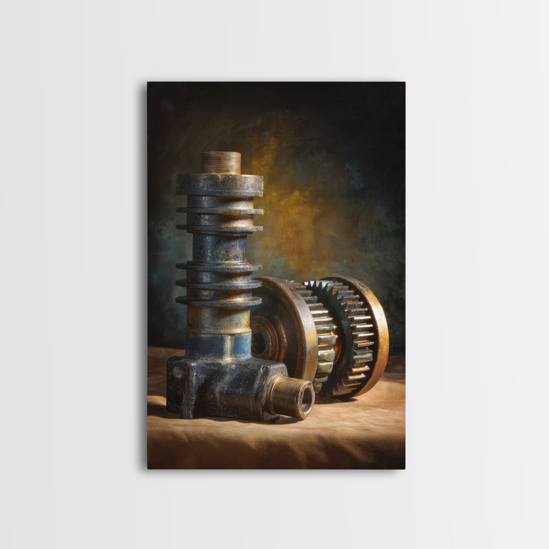 Camshaft and Gears Industrial Still Life Canvas Print, Garage Art, Garage, Garage Decor, Oil Painting, Motor, Tattoo Art, GAR-2x3-95