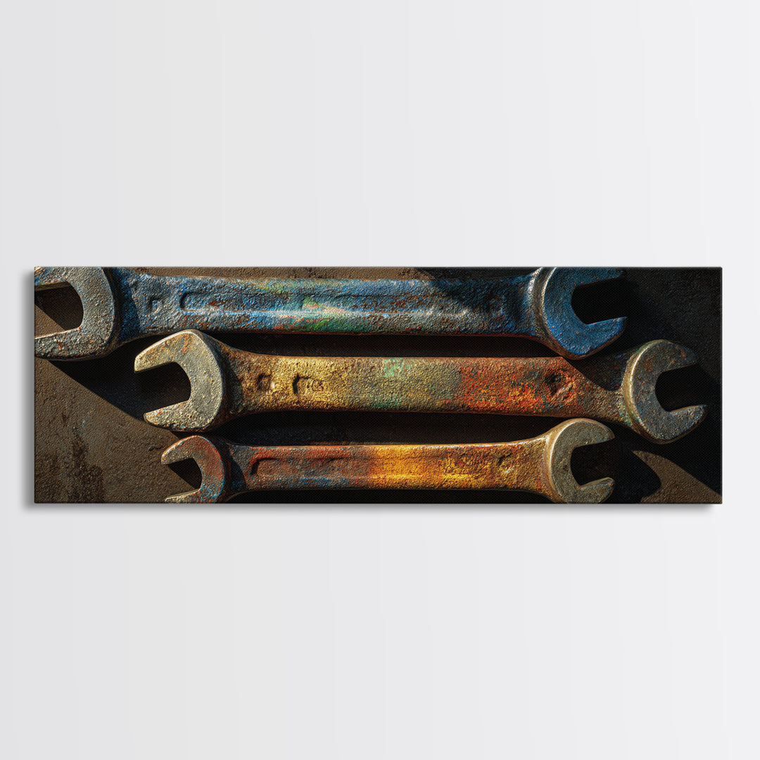 Wrench and Bolts Arranged Like Old Master Framed Canvas Print, Garage Art, Home Decor, Garage Decor, Fine Art, Motor, GAR-3x1-10